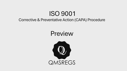 Preview of QMSREGs ISO 9001 compliant Corrective and Preventative Action (CAPA) Procedure Template. 